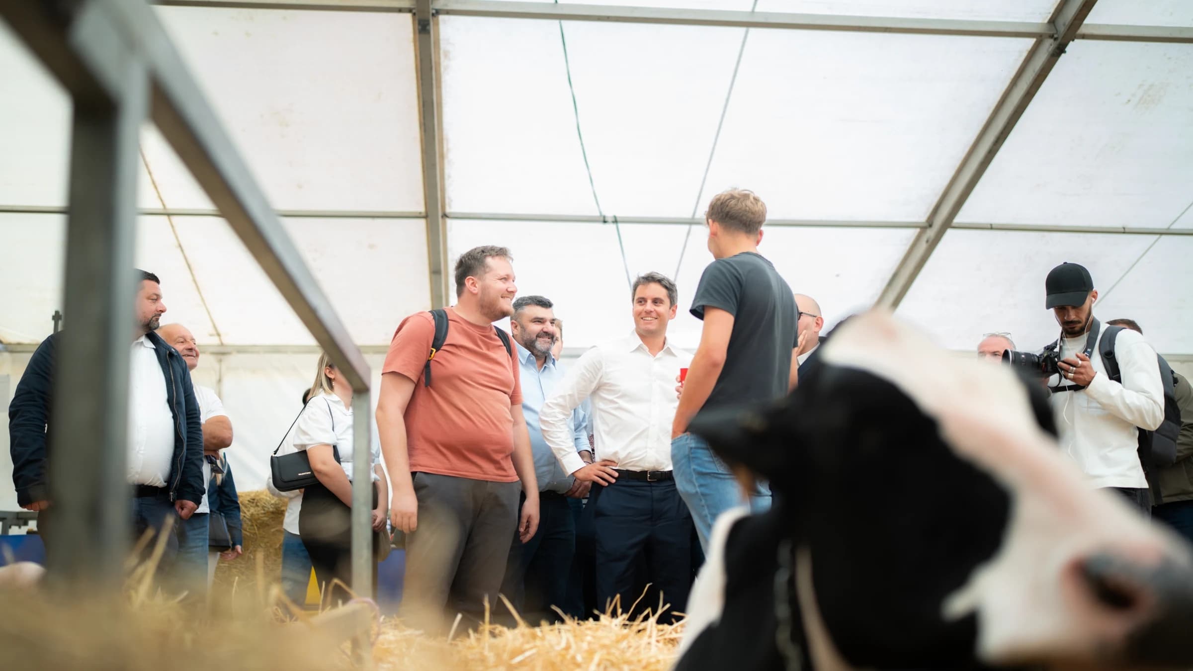 Gabriel Attal face à des vaches et entourés de personnes 