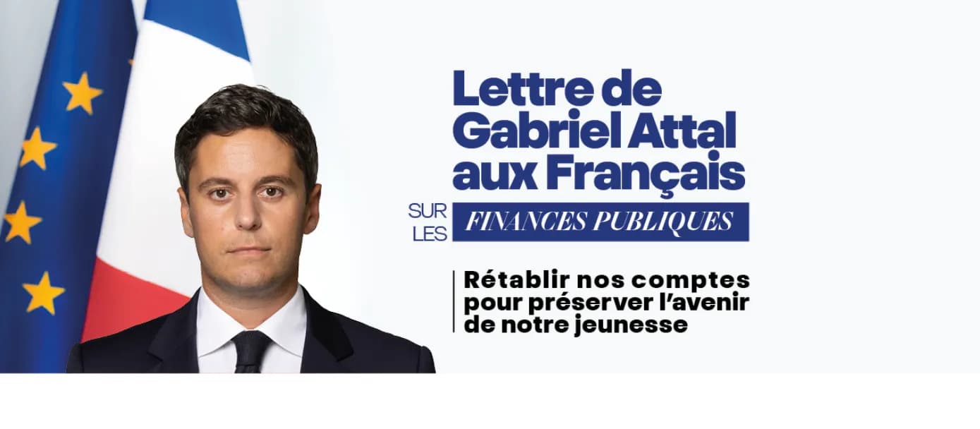 Gabriel Attal en tête de sa lettre pour redresser les finances publiques avec une photos de lui souriant à gauche 