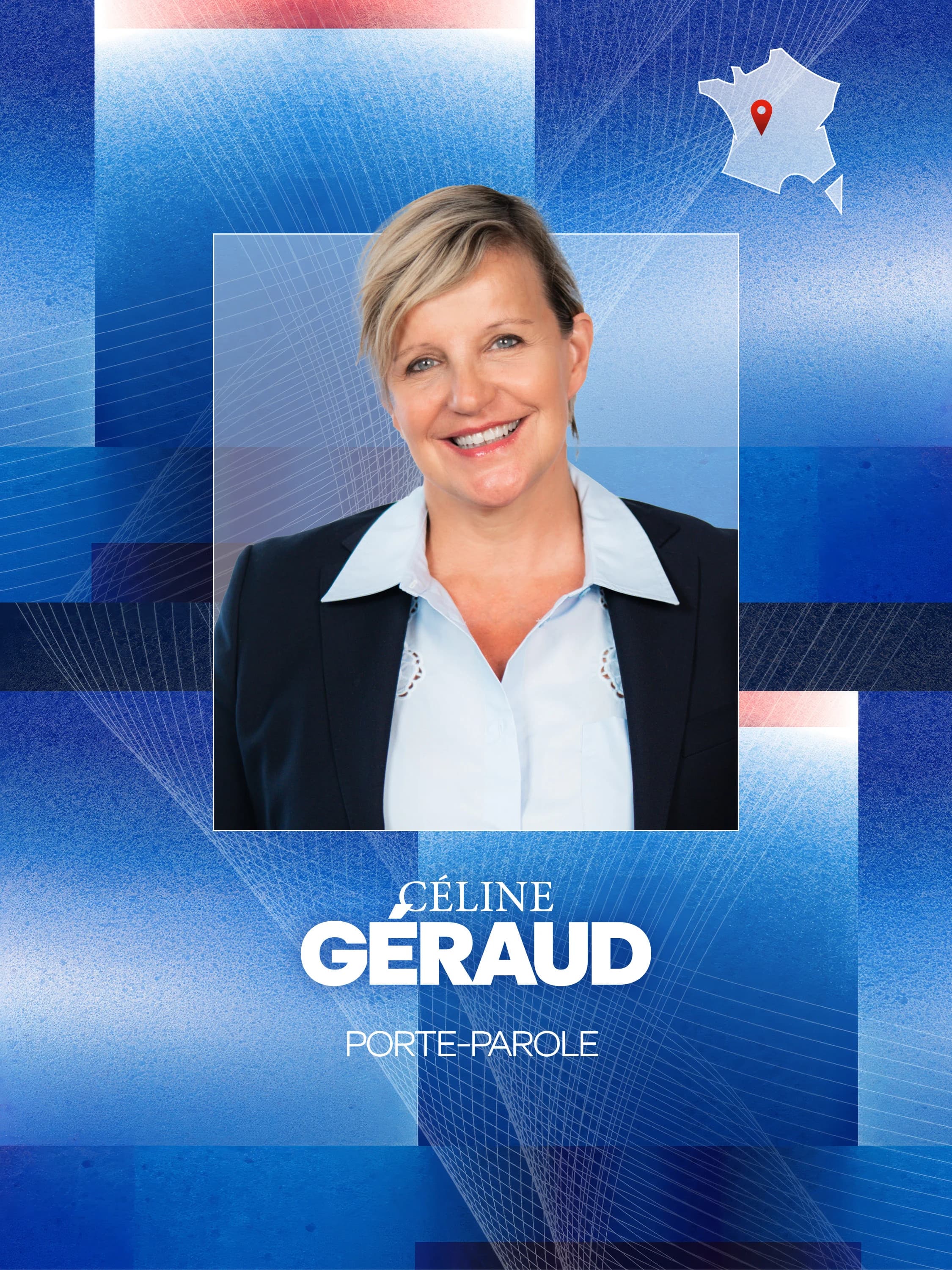 Portrait de Céline Géraud, souriante, portant une chemise blanche et une veste noire. En dessous du portrait, il est écrit "CÉLINE GÉRAUD" en grandes lettres blanches, suivi de "PORTE-PAROLE"