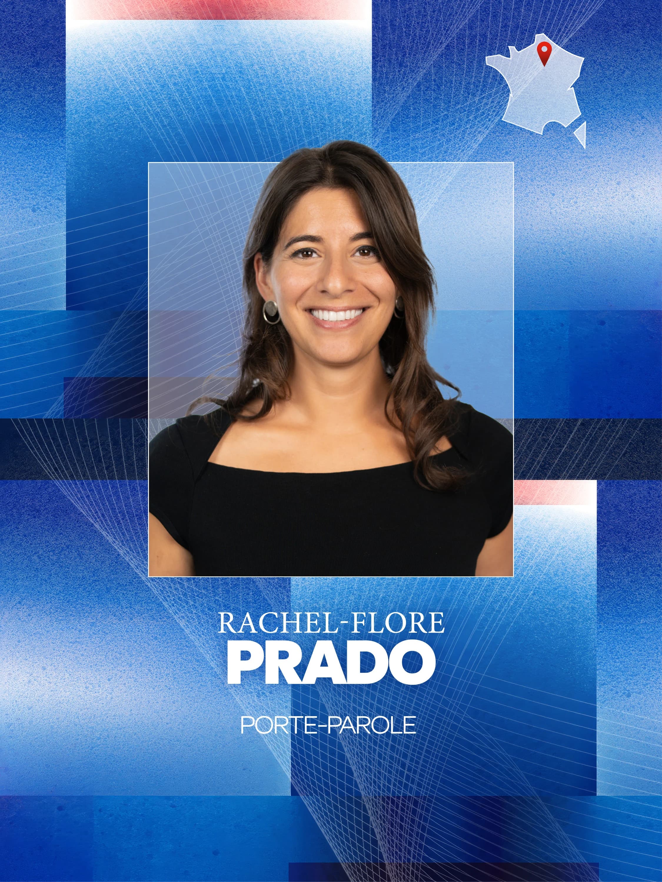 Portrait de Rachel-Flore Prado, souriante, les cheveux longs et bruns, portant un haut noir. En dessous du portrait, il est écrit "RACHEL-FLORE PRADO" en grandes lettres blanches, suivi de "PORTE-PAROLE".