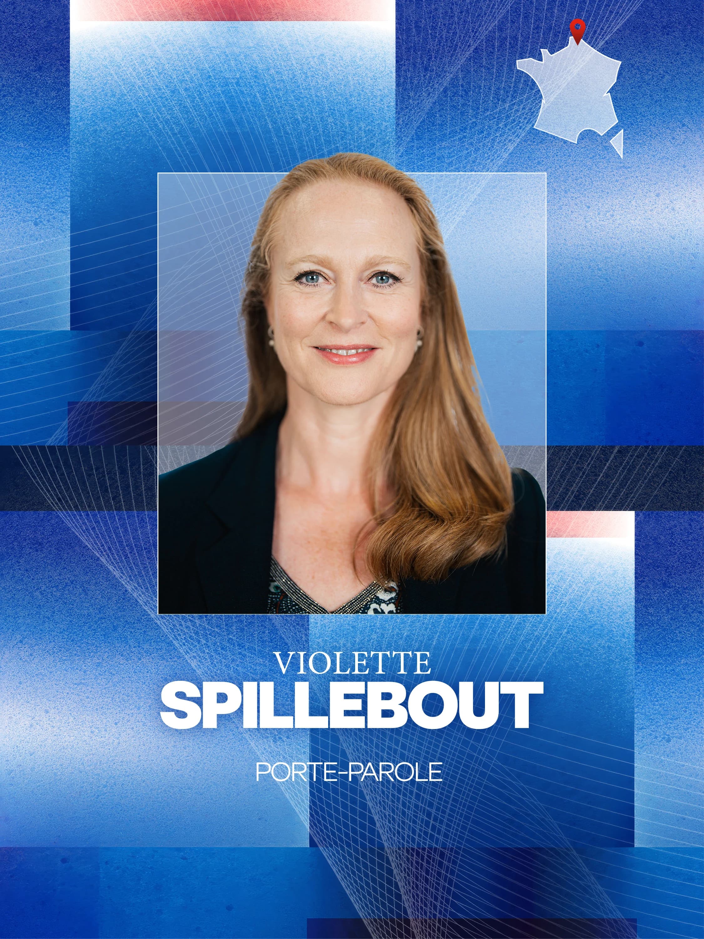 Portrait de Violette Spillebout, souriante, portant un blazer noir sur un haut scintillant. En dessous du portrait, il est écrit "VIOLETTE SPILLEBOUT" en grandes lettres blanches, suivi de "PORTE-PAROLE".