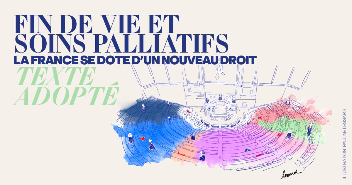 Un visuel d'information graphique et illustré annonçant l'adoption d'un nouveau texte de loi. L'image est composée de texte et d'une illustration sur un fond texturé de papier froissé. En dessous et à droite du texte se trouve un dessin au trait bleu de l'hémicycle de l'Assemblée nationale, rempli de sièges et de quelques figures de députés à la tribune. L'illustration est rehaussée de taches d'aquarelle multicolores (bleu, violet, rose, orange, vert) qui se déploient en bandes sur les gradins.